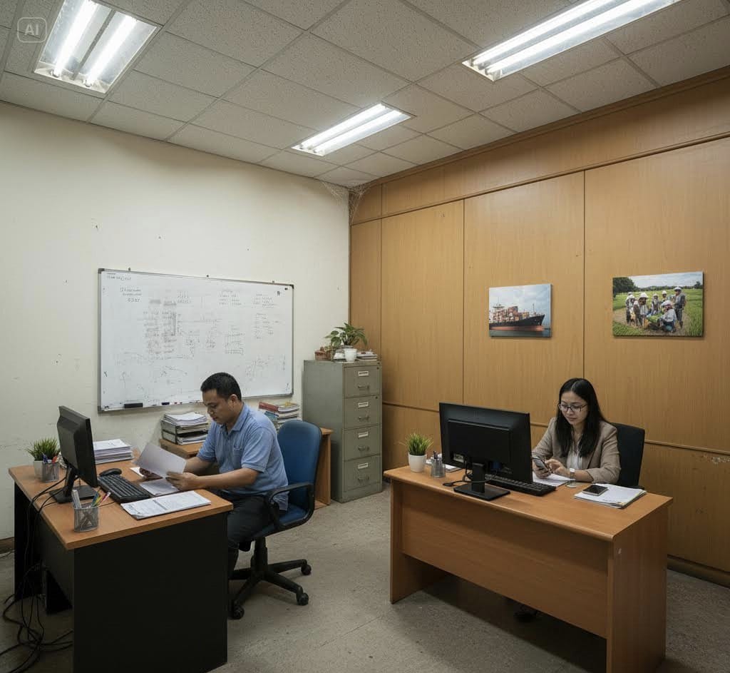 Professional office administration team working at modern desks in WISE company headquarters, maintaining organized operations for tropical fruit export business