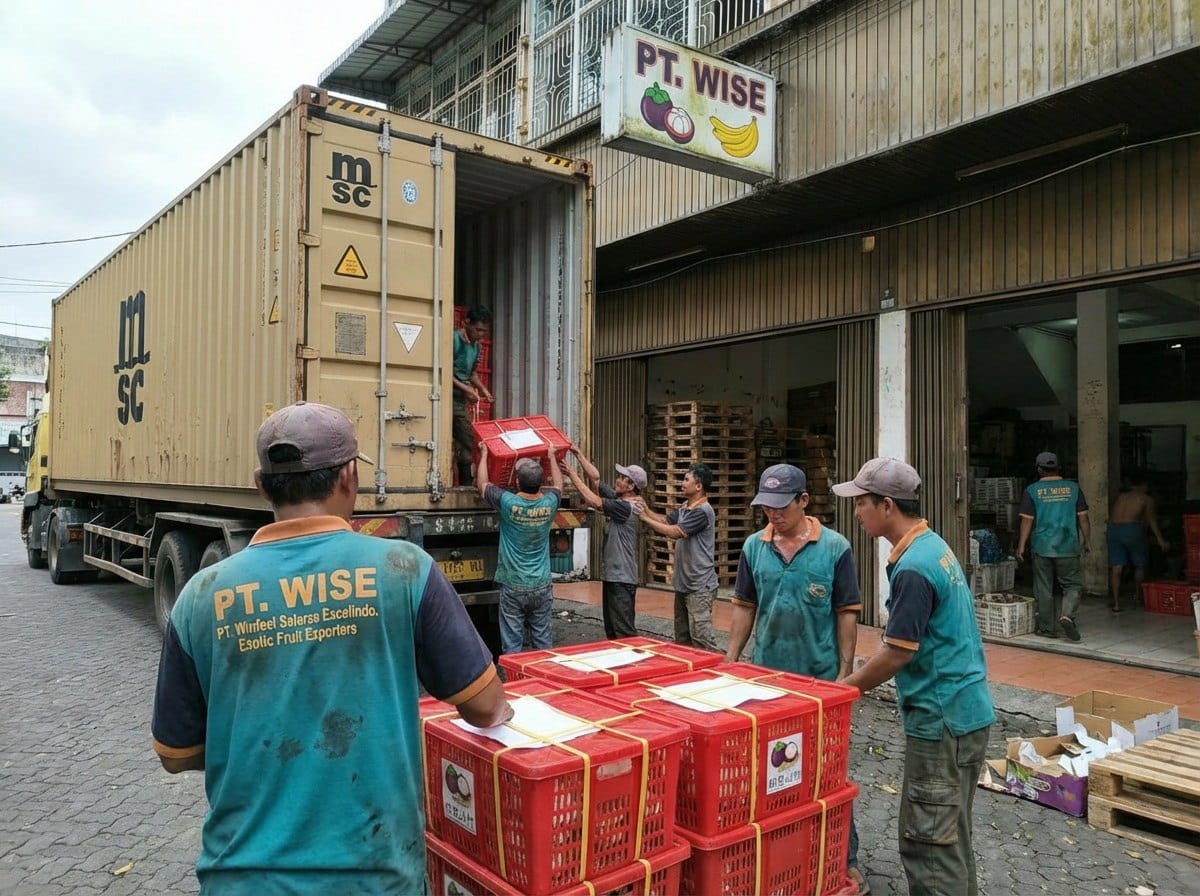 Warehouse team efficiently loading packaged tropical produce onto shipping equipment, demonstrating organized logistics and distribution processes