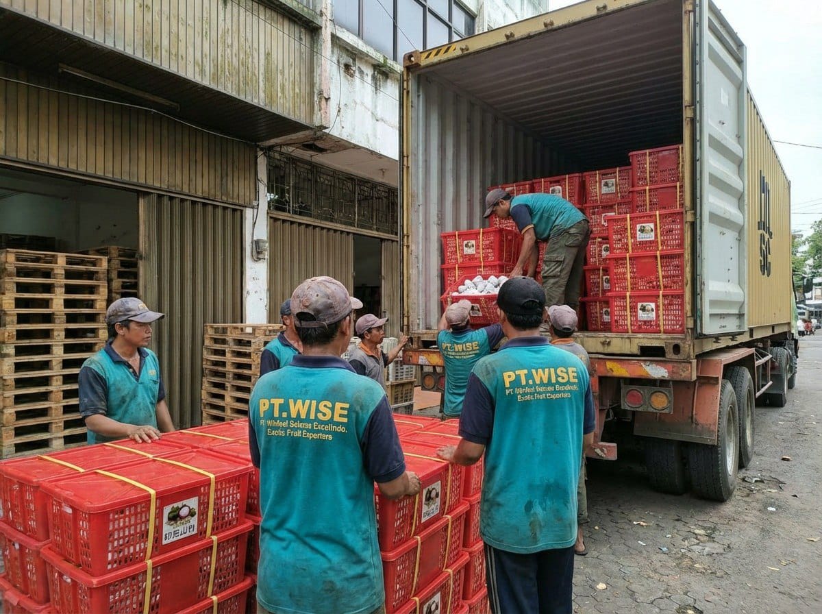 Worker carefully and methodically packing boxes of fresh tropical produce into shipping container, ensuring proper arrangement for international export