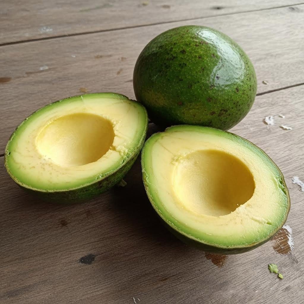 Cross-section of fresh green Miki variety avocado showing creamy pale flesh and large central pit, ready for export from Indonesia