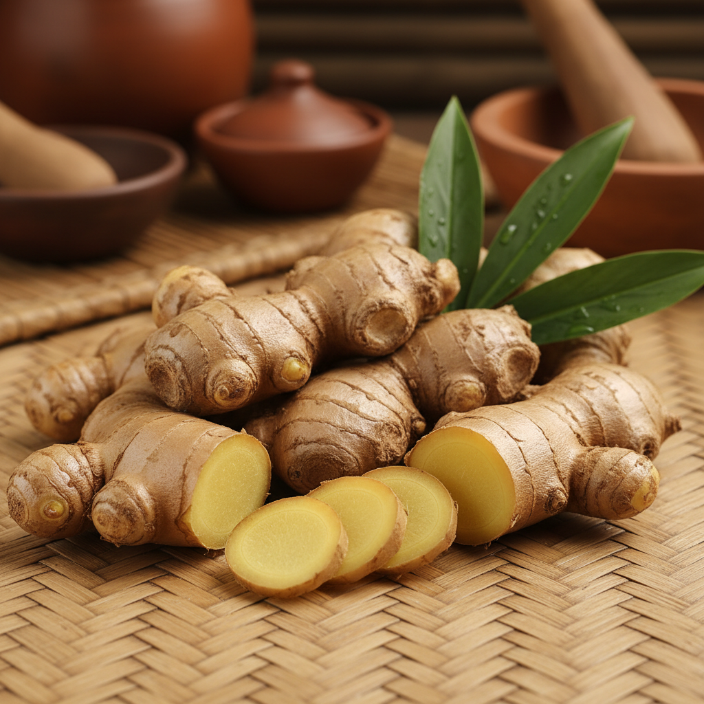 Pieces of air-dried ginger root with tan and beige coloring, arranged against neutral background, ready for export packaging