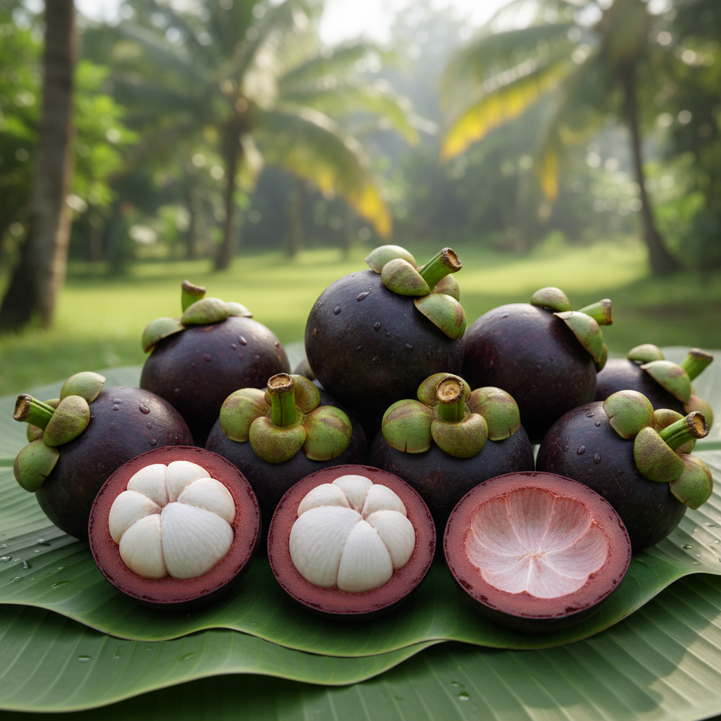 Cluster of fresh mangosteens with deep purple exterior and distinctive crown-like sepals at the top, arranged to showcase quality fruit from Simalungun Highlands